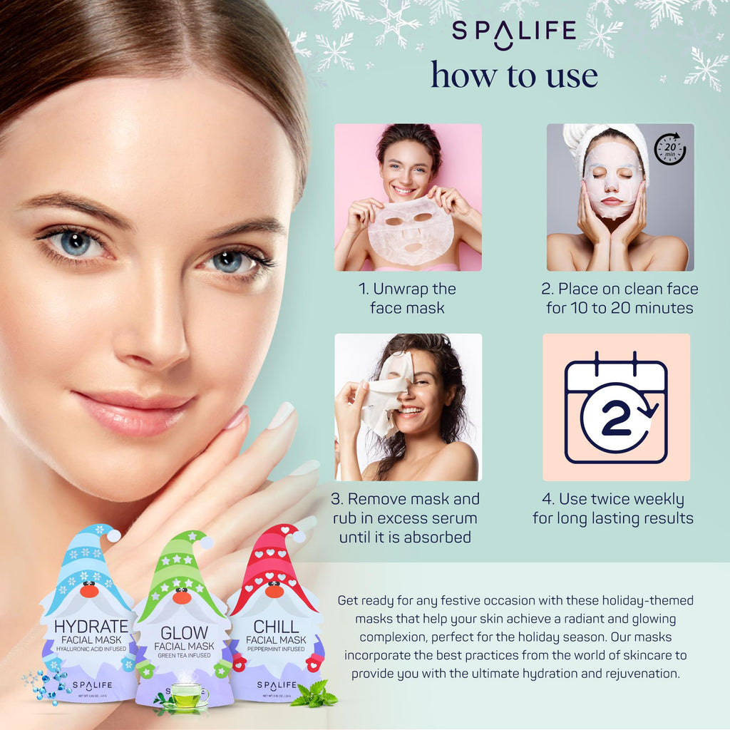SpaLife Holiday Gnome Facial Masks 9 Pack | Korean Sheet Masks for Hydration, Glow & Self-Care