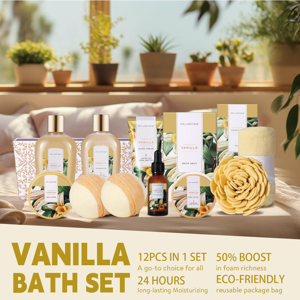 Spa Luxetique 12-Piece Vanilla Bath Set – Gift Basket for Women