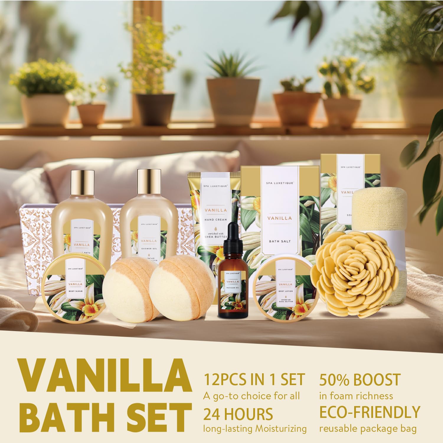 Spa Luxetique 12-Piece Vanilla Bath Set – Gift Basket for Women