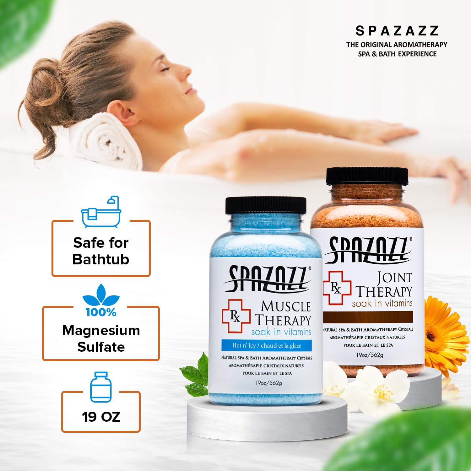 Spazazz RX Therapy Collection: Joint Therapy & Muscle Therapy Bath Salts – 2-Pack Bundle (19 oz Each)