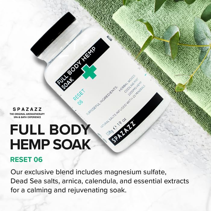 Spazazz Full Body Hemp Soak - 1000mg Hemp - Spa Aromatherapy Bath Salt Crystals - 538g / 19oz (Reset 06)