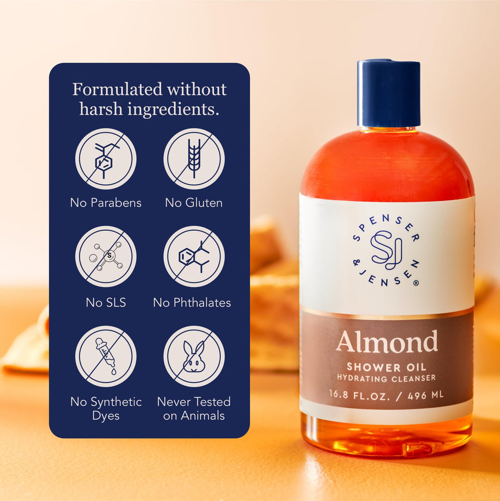 Spenser & Jensen Hydrating Almond Shower Oil - Sulfate-Free Moisturizing Body Wash for All Skin Types - 16.8 oz