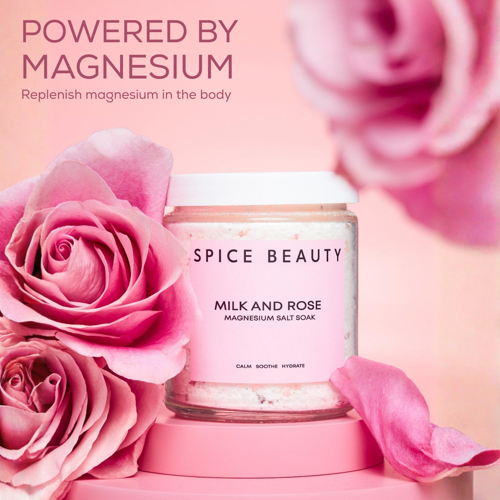 SPICE BEAUTY Goat Milk & Rose Magnesium Salt Soak | Epsom Bath Salt for Muscle Relaxation, Skin Hydration | 9 oz
