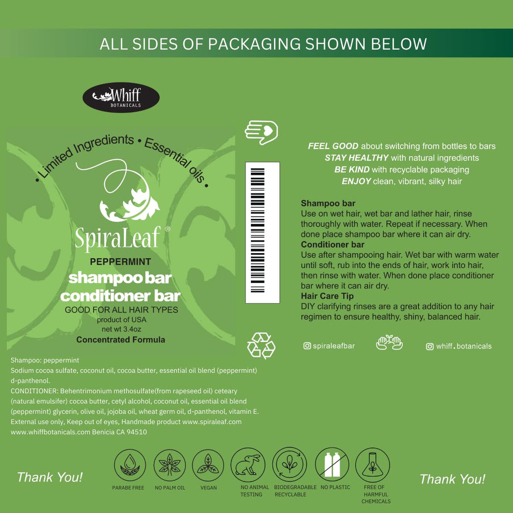 SpiraLeaf Peppermint Solid Shampoo & Conditioner Bar Set — Limited Ingredients, Fragrance-Free