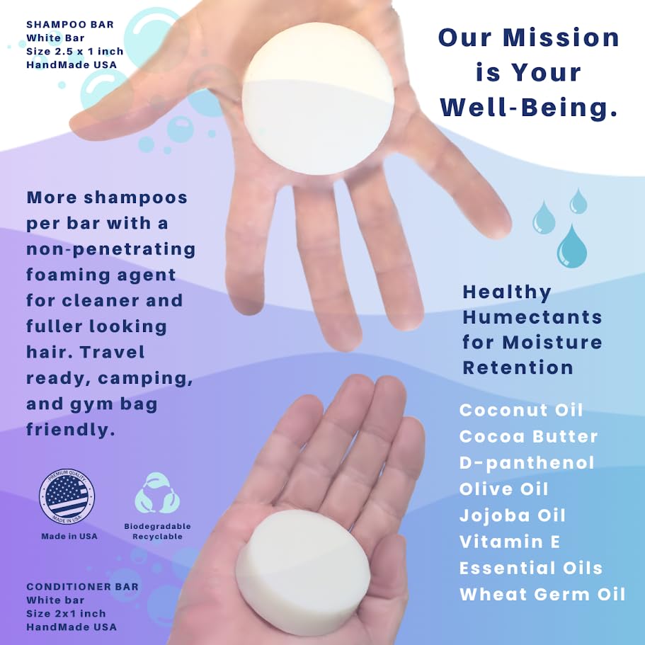 SpiraLeaf Solid Shampoo Bar & Conditioner Bar Set — Fragrance-Free, Dye-Free, Lavender-Bergamot Blend, Limited Ingredients