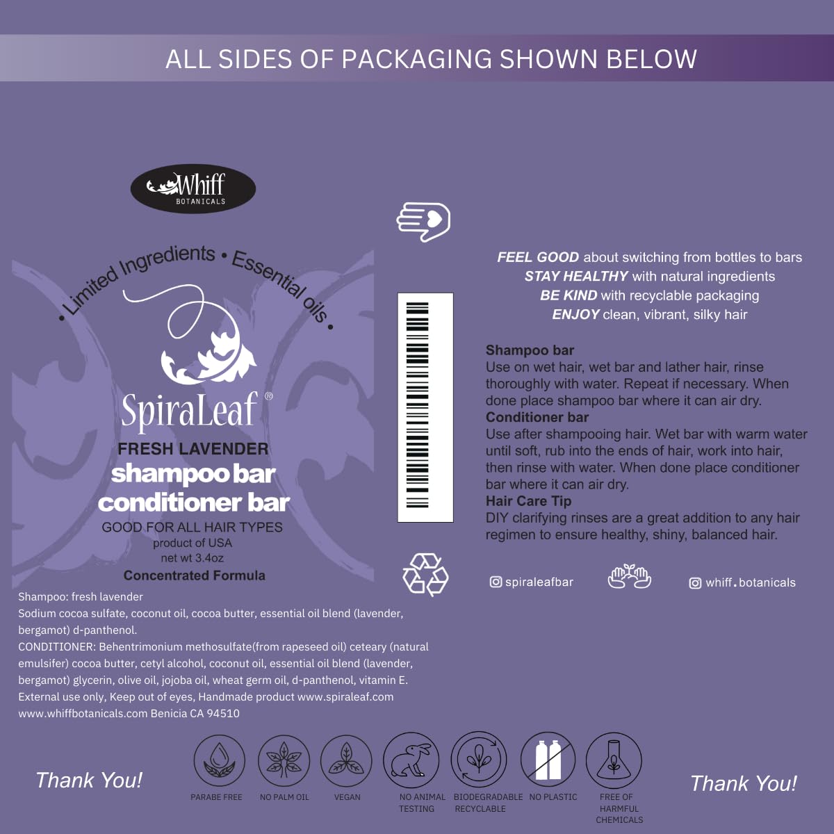 SpiraLeaf Solid Shampoo Bar & Conditioner Bar Set — Fragrance-Free, Dye-Free, Lavender-Bergamot Blend, Limited Ingredients