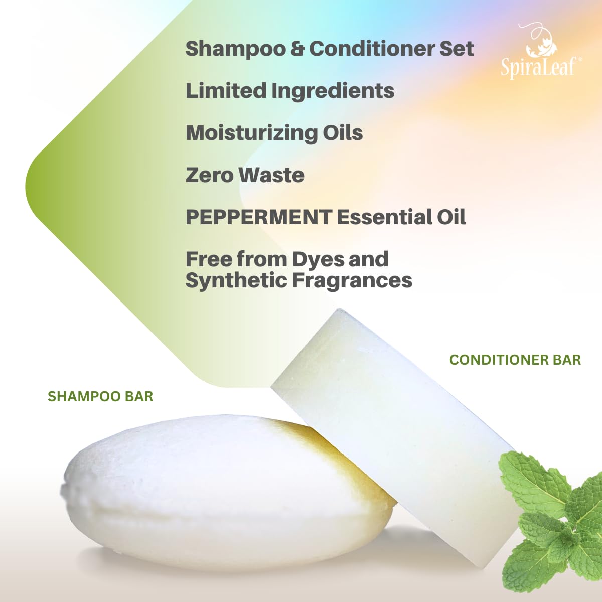 SpiraLeaf Peppermint Solid Shampoo & Conditioner Bar Set — Limited Ingredients, Fragrance-Free