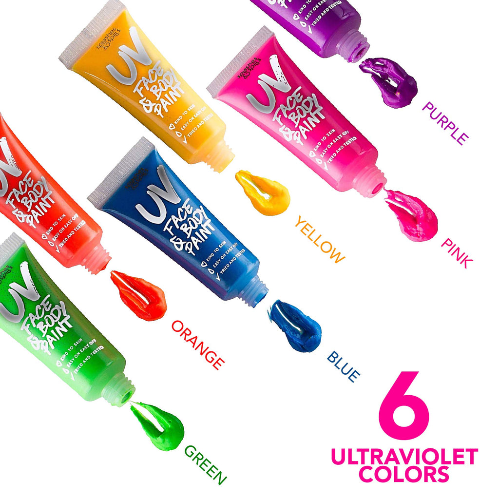 Splashes & Spills UV Face & Body Paint 6-Pack – Non-Toxic Neon Glow Under Blacklight