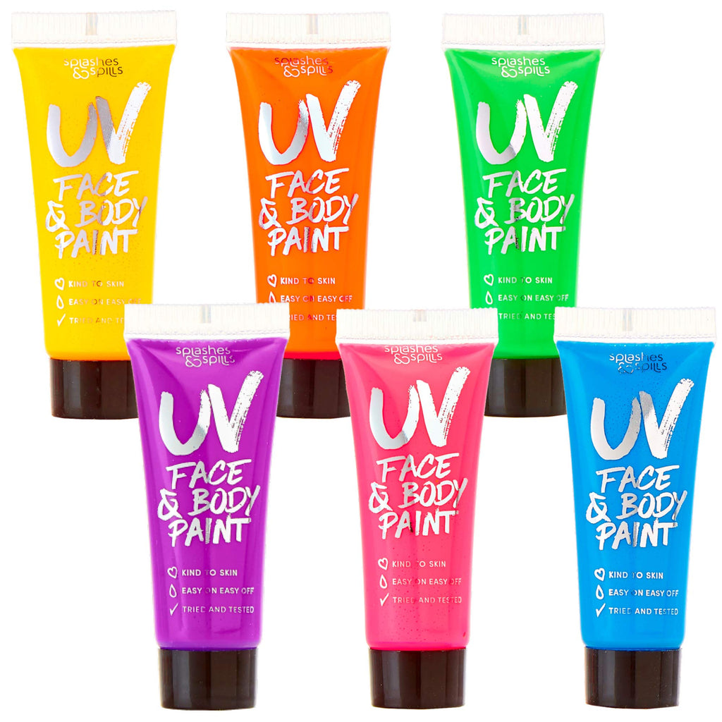 Splashes & Spills UV Face & Body Paint 6-Pack – Non-Toxic Neon Glow Under Blacklight