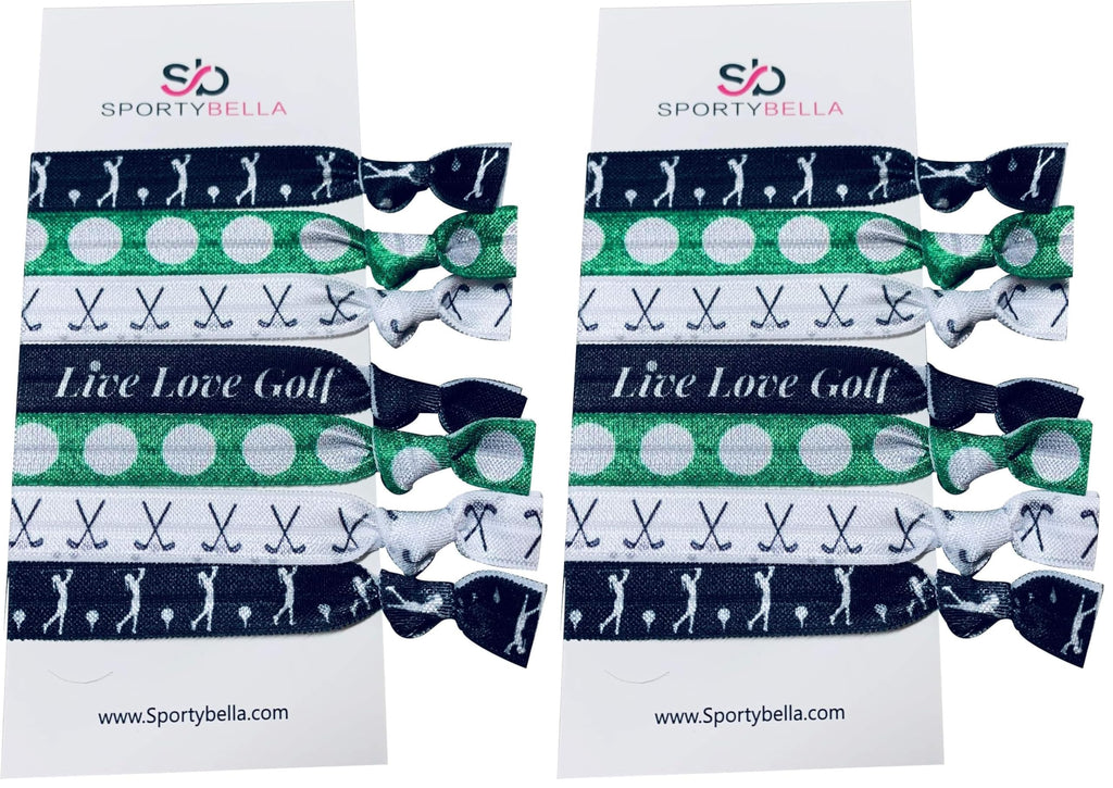 Sportybella Girls Golf Hair Ties – 2-Pack, 7-Count No-Crease Elastics with Golf Club Design (Green & Black)
