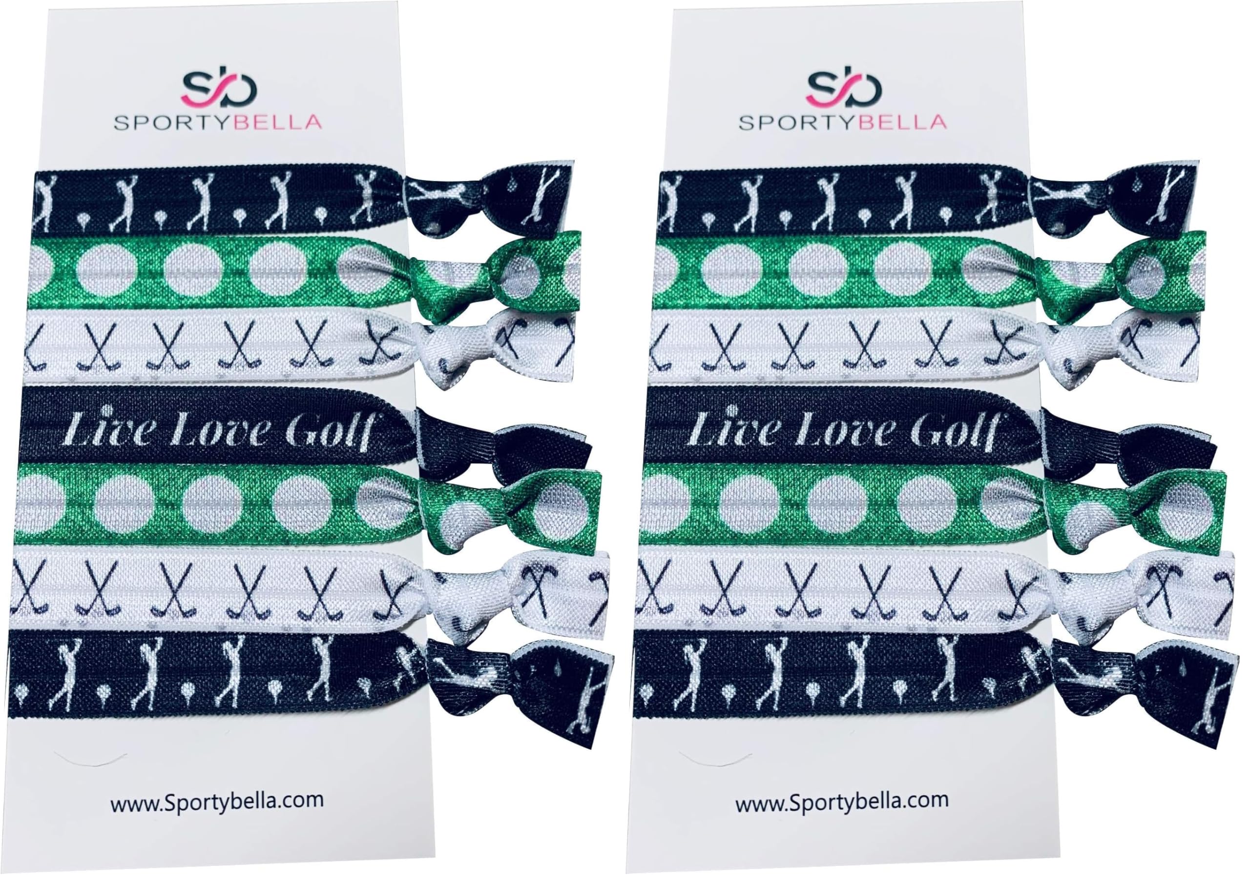 Sportybella Girls Golf Hair Ties – 2-Pack, 7-Count No-Crease Elastics with Golf Club Design (Green & Black)