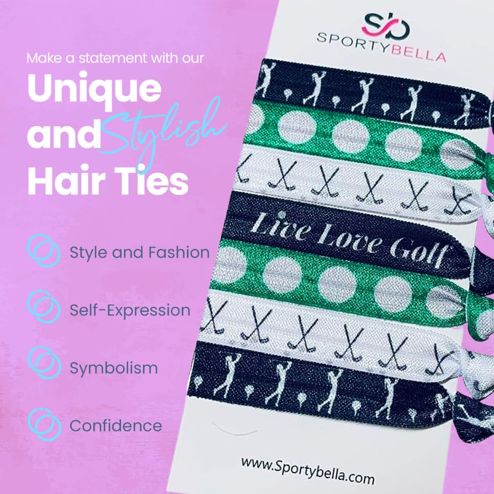 Sportybella Girls Golf Hair Ties – 2-Pack, 7-Count No-Crease Elastics with Golf Club Design (Green & Black)