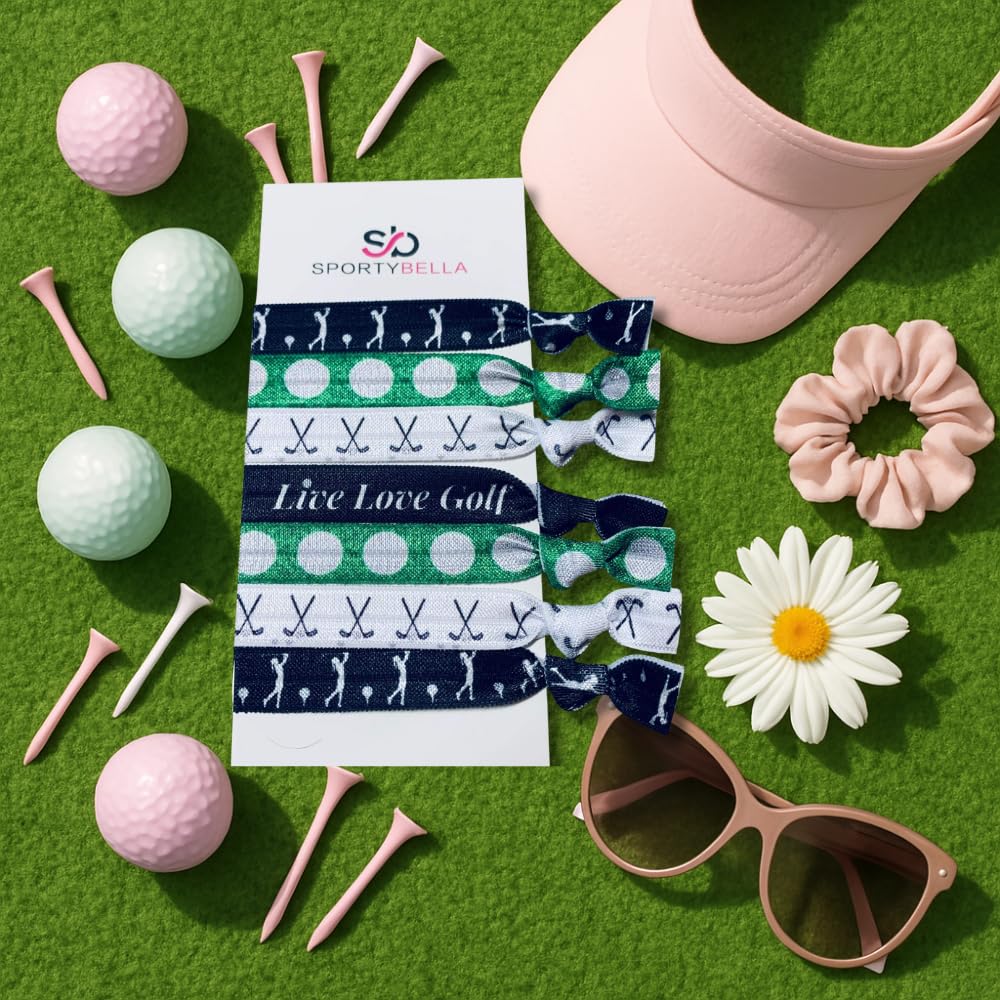 Sportybella Girls Golf Hair Ties – 2-Pack, 7-Count No-Crease Elastics with Golf Club Design (Green & Black)