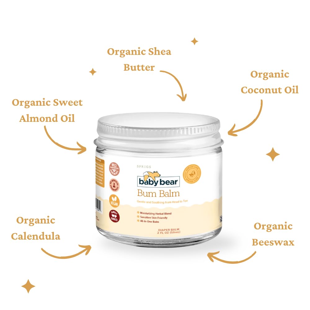 SPRIGS Baby Bear Bum Balm, 2oz | Multipurpose Whipped Diaper Cream for Babies & Sensitive Skin