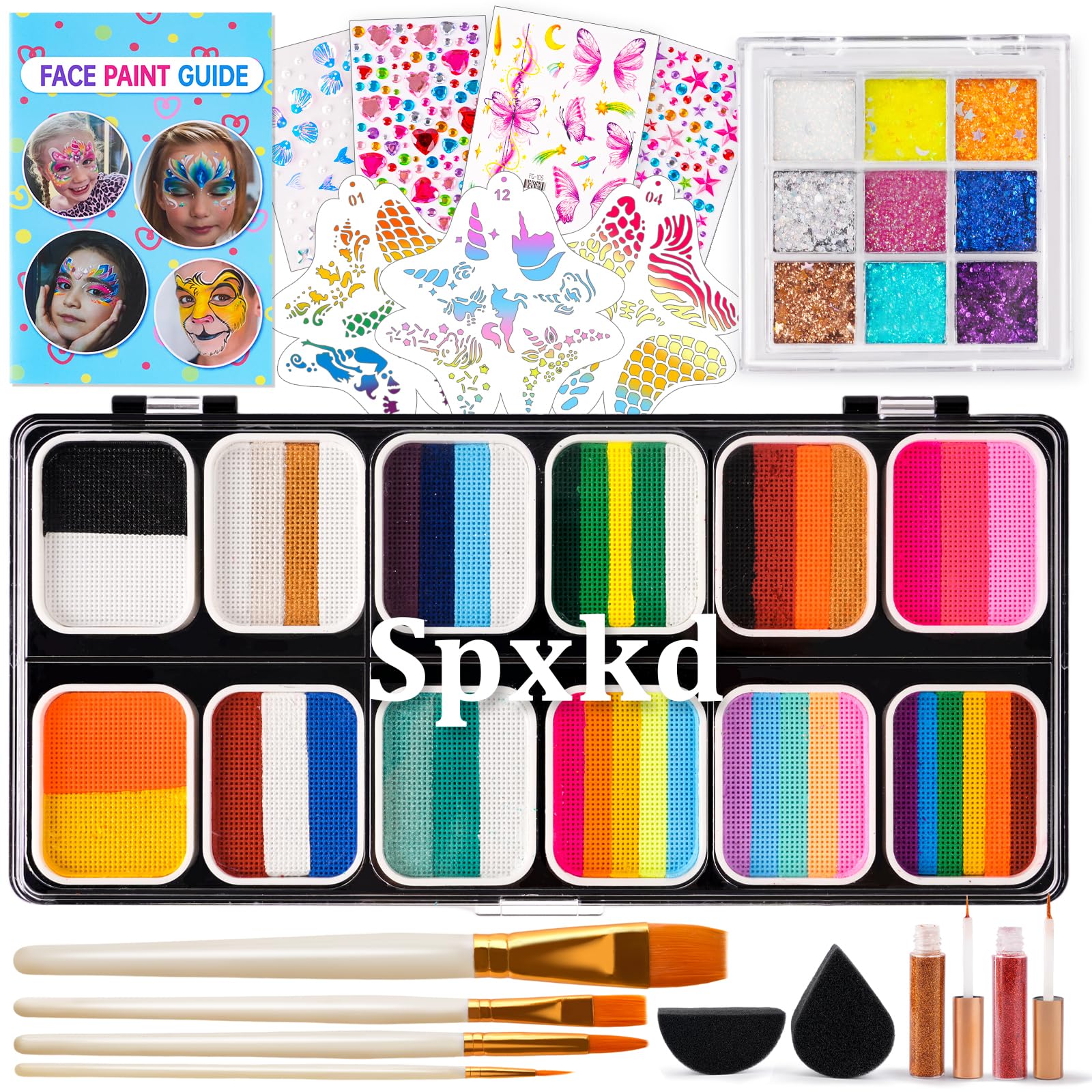 SPXKD Face Painting Kit for Kids & Adults — 12x10g Split Cake Palette, Glitter Colors, Shadow Sticks