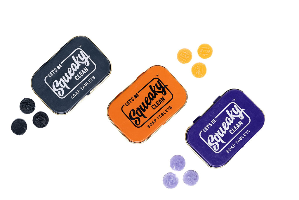 SqueakyClean Soap Tablets – 30 Tabs in Tin (Charcoal, Orange, Lavender) – Travel Pack