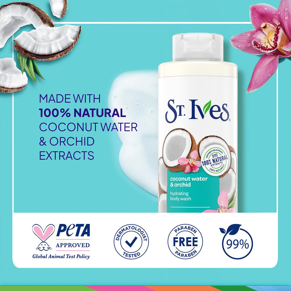 St. Ives Coconut Water & Orchid Hydrating Shower Gel 2-Pack – 22 oz Each | 100% Natural Extracts