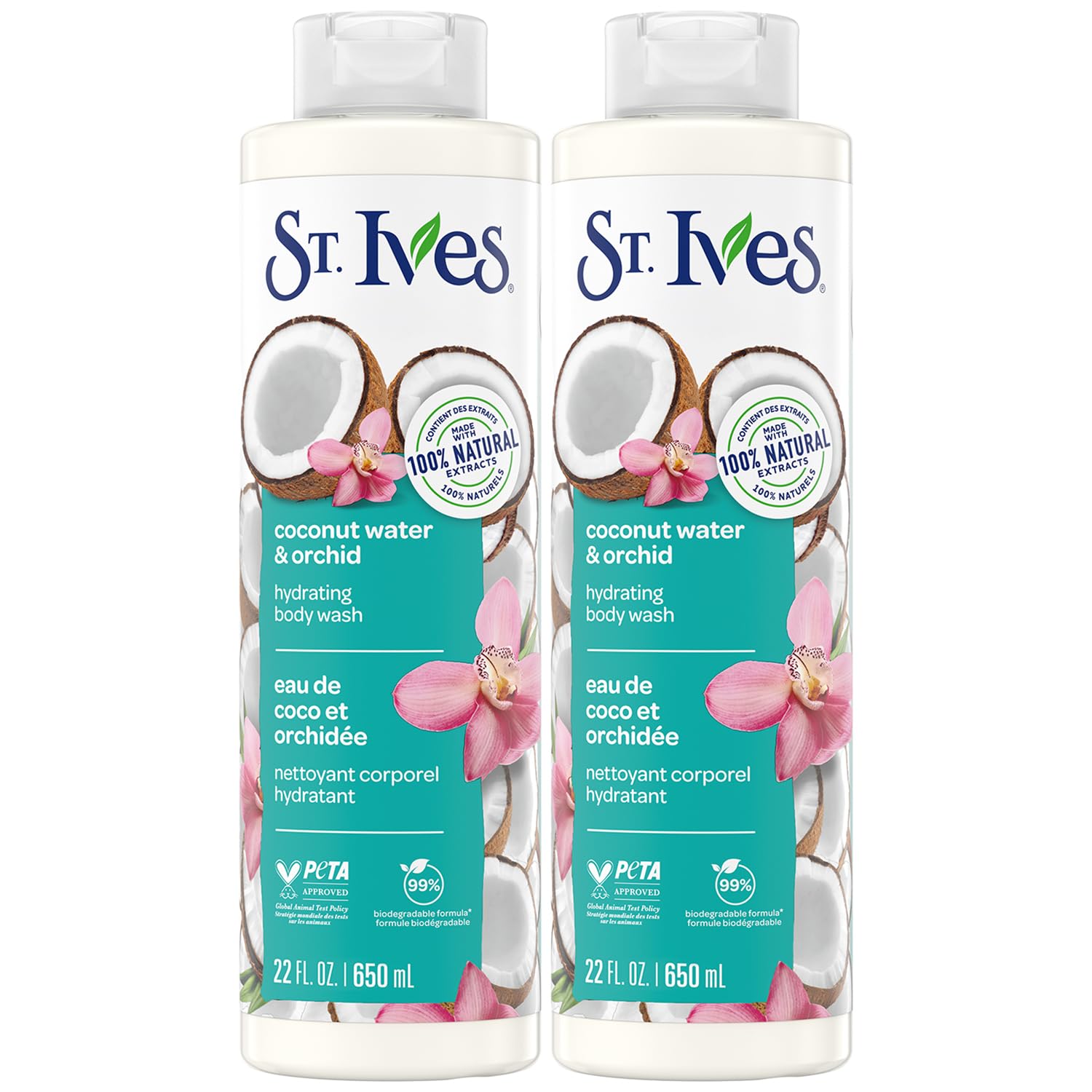 St. Ives Coconut Water & Orchid Hydrating Shower Gel 2-Pack – 22 oz Each | 100% Natural Extracts