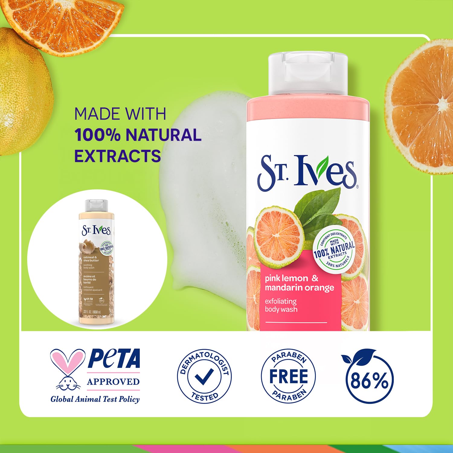 St. Ives Body Wash Variety 2-Pack – Soothing Oatmeal & Shea Butter + Exfoliating Pink Lemon & Mandarin Orange (22 oz each)