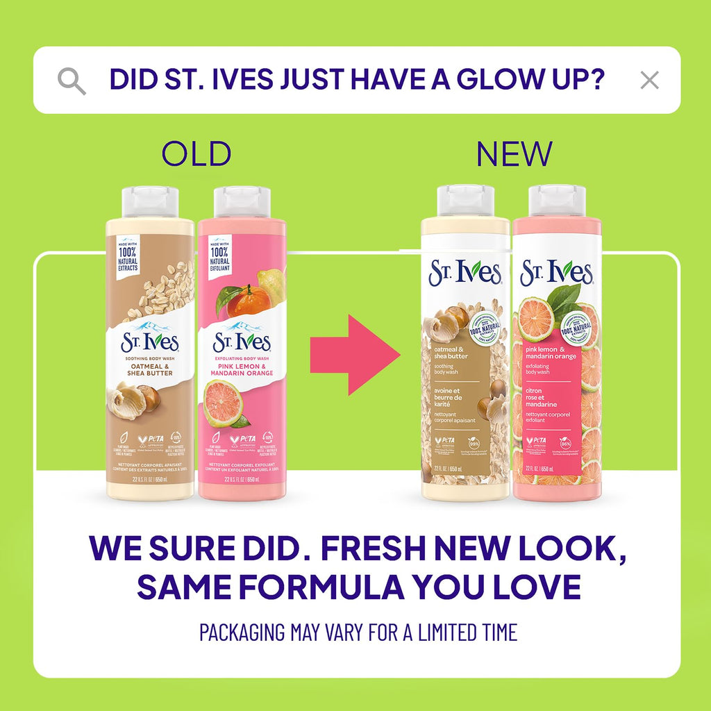 St. Ives Body Wash Variety 2-Pack – Soothing Oatmeal & Shea Butter + Exfoliating Pink Lemon & Mandarin Orange (22 oz each)