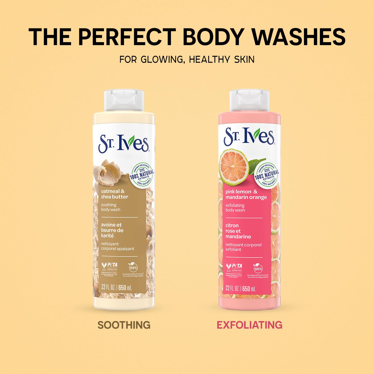 St. Ives Body Wash Variety 2-Pack – Soothing Oatmeal & Shea Butter + Exfoliating Pink Lemon & Mandarin Orange (22 oz each)