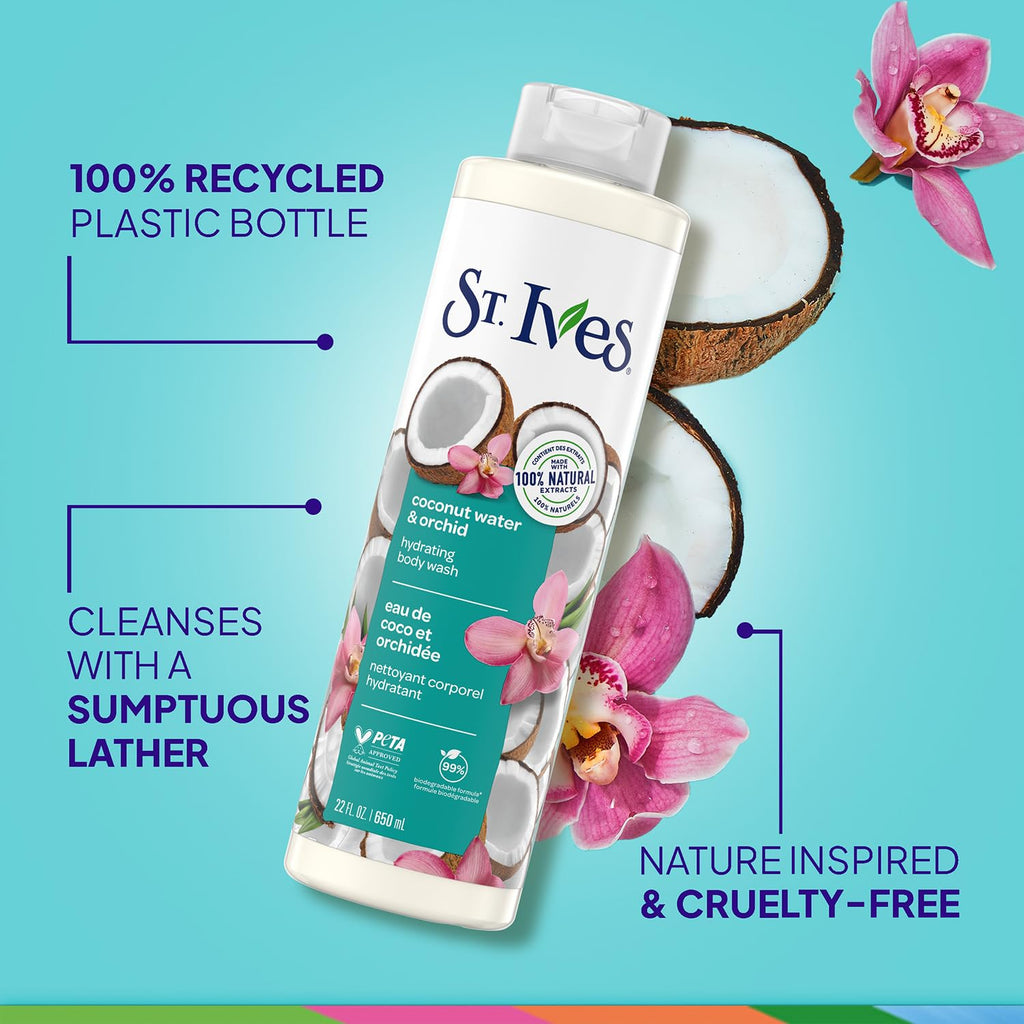 St. Ives Coconut Water & Orchid Hydrating Shower Gel 2-Pack – 22 oz Each | 100% Natural Extracts