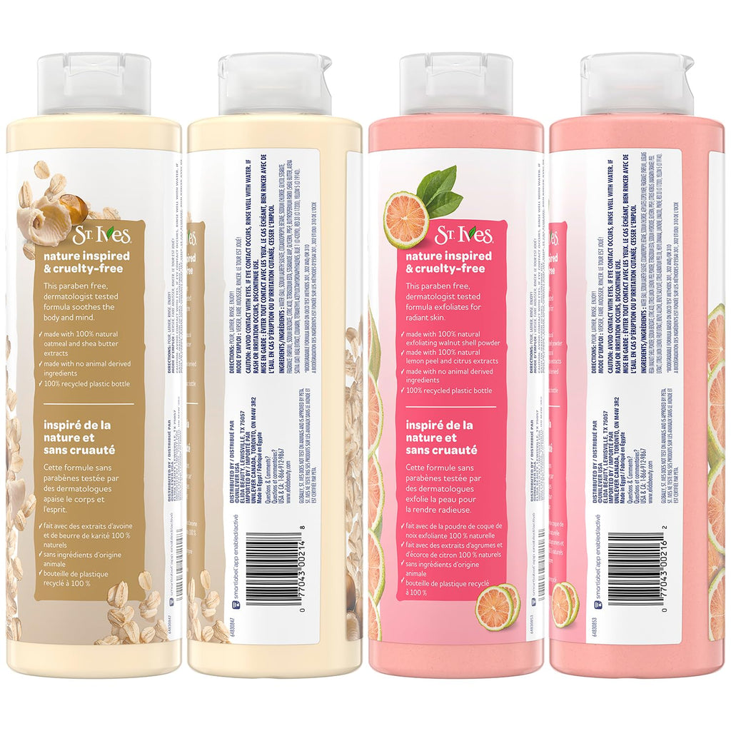 St. Ives Body Wash Variety 2-Pack – Soothing Oatmeal & Shea Butter + Exfoliating Pink Lemon & Mandarin Orange (22 oz each)