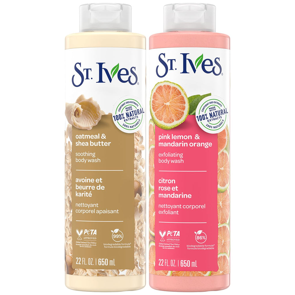 St. Ives Body Wash Variety 2-Pack – Soothing Oatmeal & Shea Butter + Exfoliating Pink Lemon & Mandarin Orange (22 oz each)