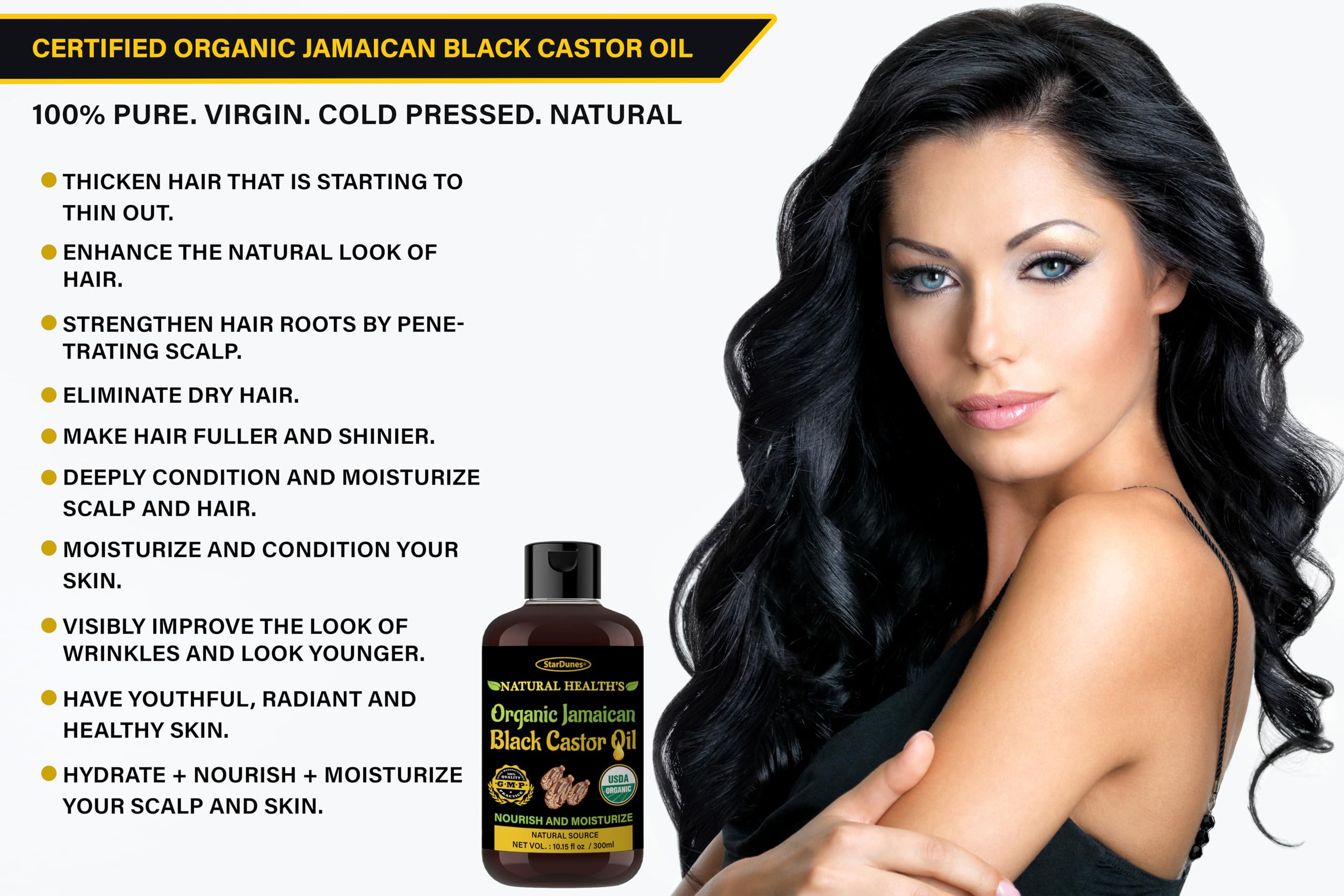 StarDunes Jamaican Black Castor Oil – 10.15 fl oz, 100% Pure for Hair, Eyebrow & Lash Growth