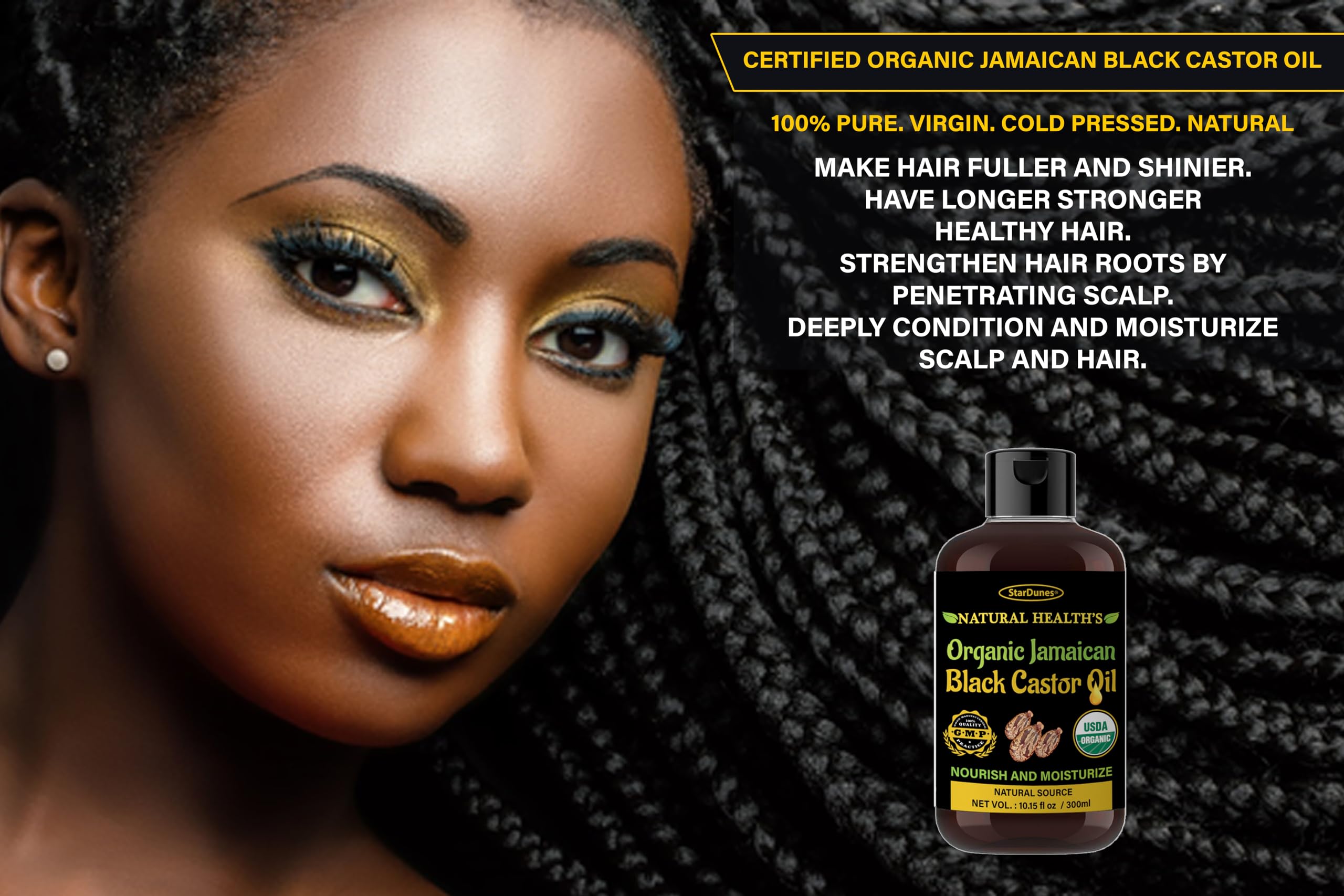 StarDunes Jamaican Black Castor Oil – 10.15 fl oz, 100% Pure for Hair, Eyebrow & Lash Growth