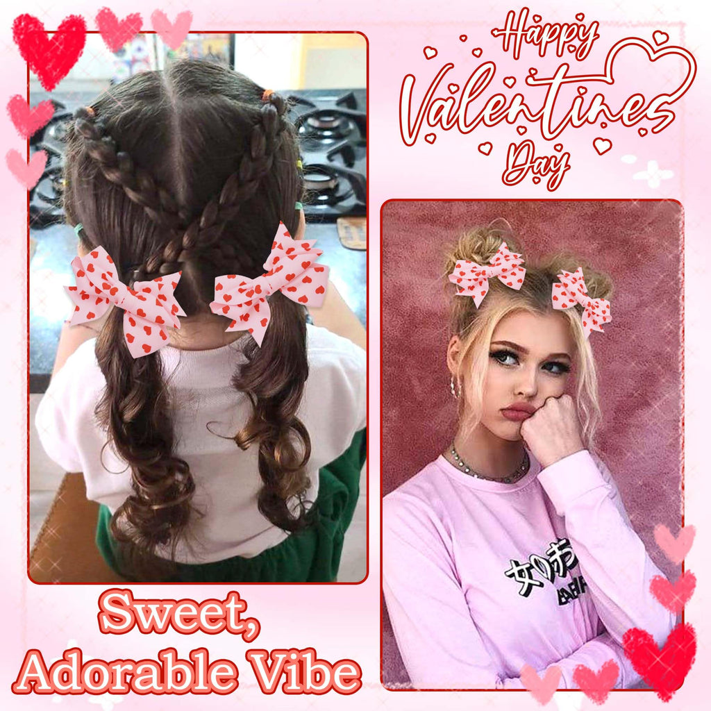 STGDAK Valentine Heart Hair Bow Clips – 4-Inch Pink & Red Print, 2-Pack