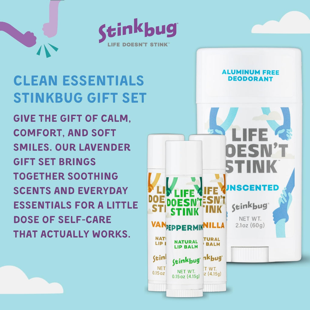 Stinkbug Naturals Aluminum-Free Deodorant + Lip Balms Bundle | Unscented 2.1oz + Vanilla & Peppermint Lip Balms