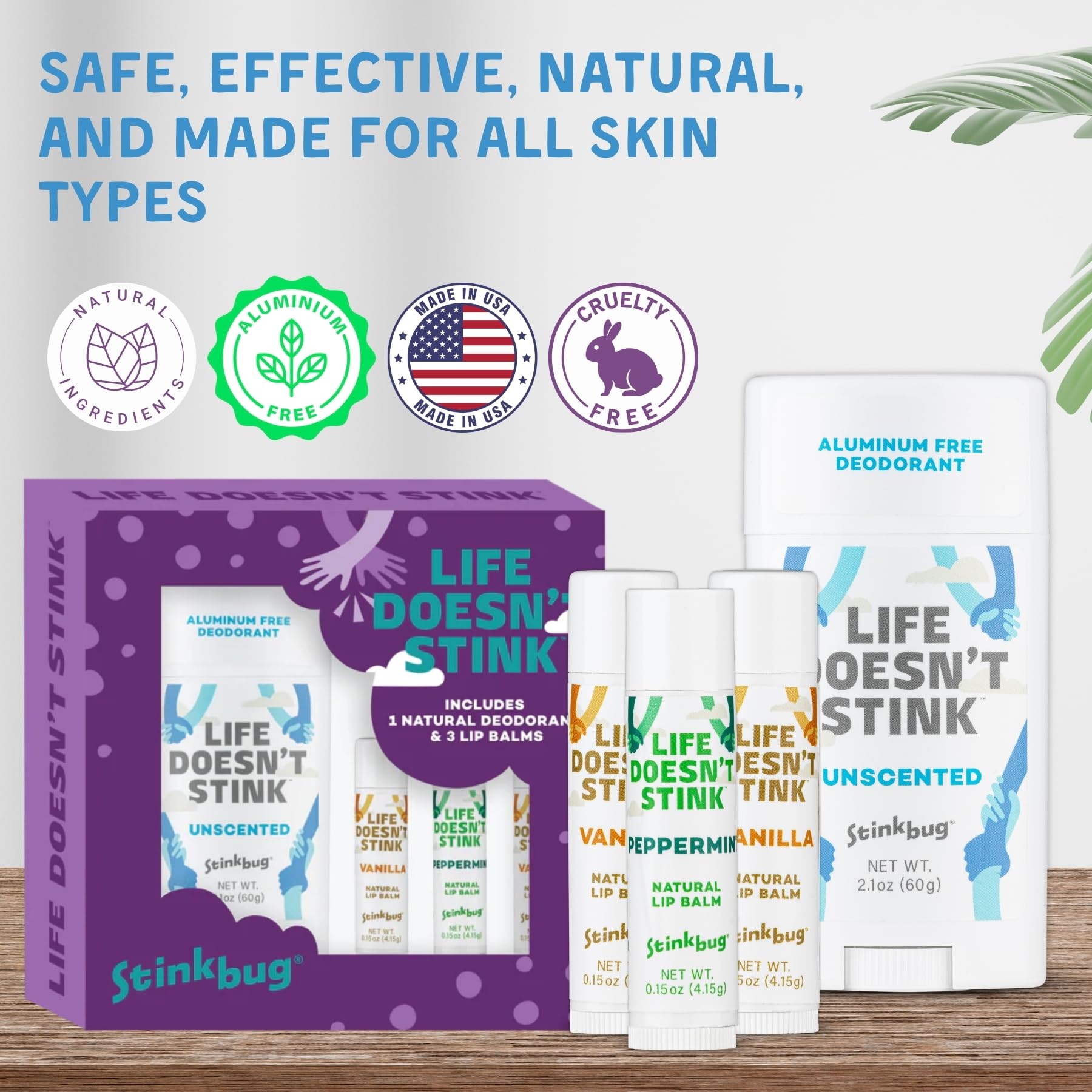 Stinkbug Naturals Aluminum-Free Deodorant + Lip Balms Bundle | Unscented 2.1oz + Vanilla & Peppermint Lip Balms