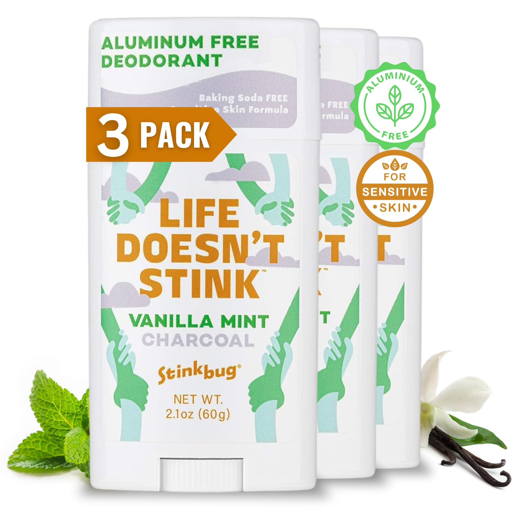 Stinkbug Naturals Aluminum-Free Deodorant Stick – Vanilla Mint, Coconut Oil & Activated Charcoal | 3 x 2.1 oz