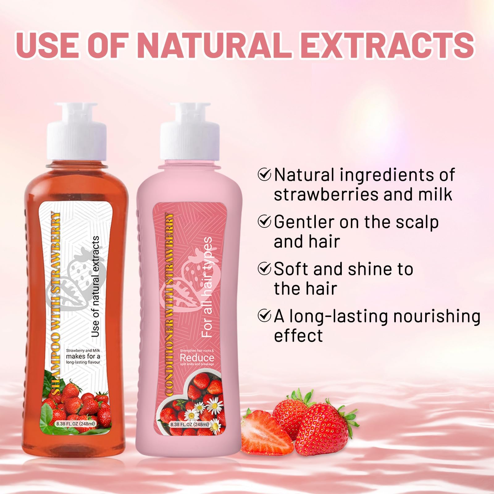 Strawberry & Milk Shampoo & Conditioner Set – All Hair Types, Strengthen Roots, Reduce Split Ends (8.38 Fl Oz Each)
