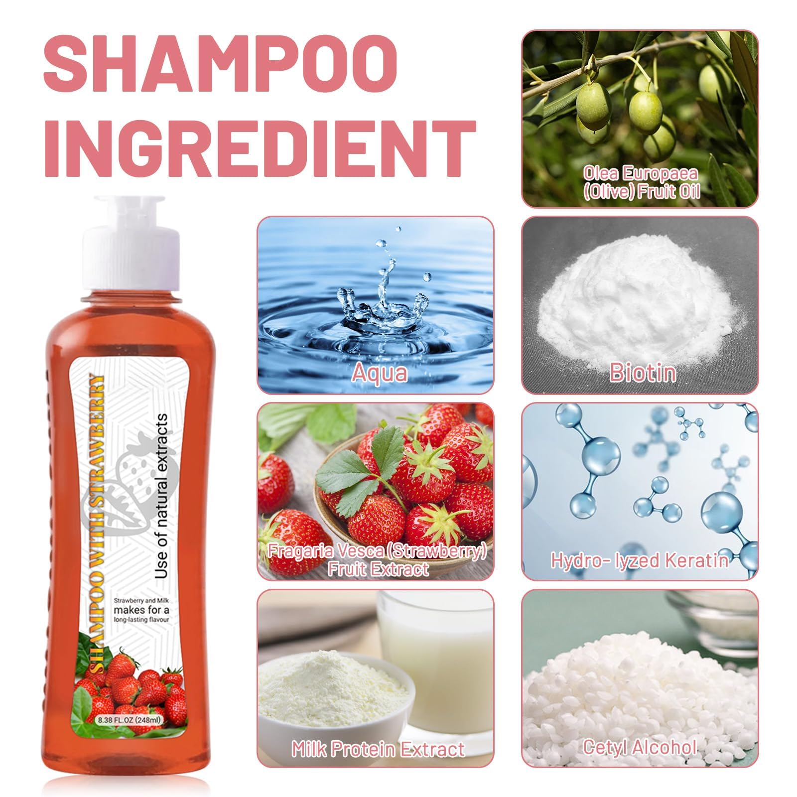 Strawberry & Milk Shampoo & Conditioner Set – All Hair Types, Strengthen Roots, Reduce Split Ends (8.38 Fl Oz Each)