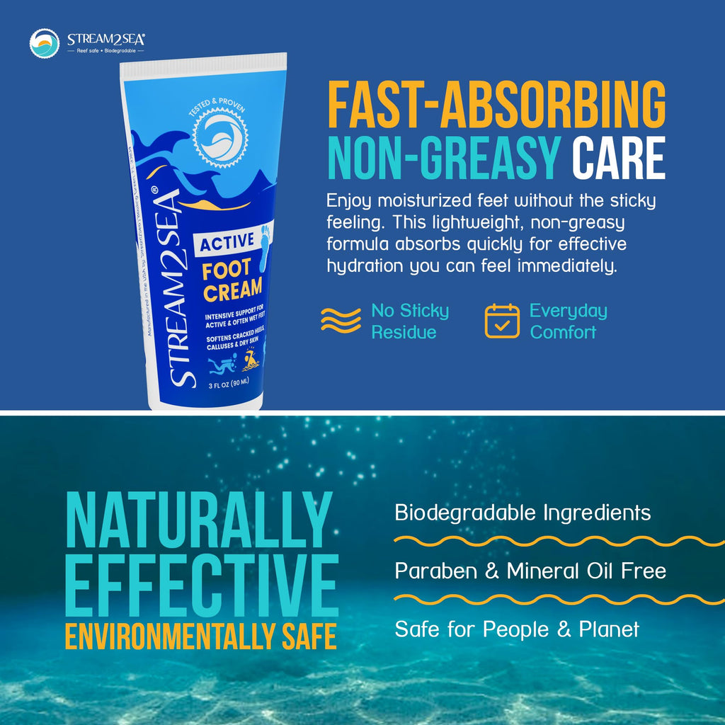 STREAM 2 SEA Active Foot Cream – Intensive Support for Active & Wet Feet | Fast-Absorbing, Non-Greasy, 2 Pack