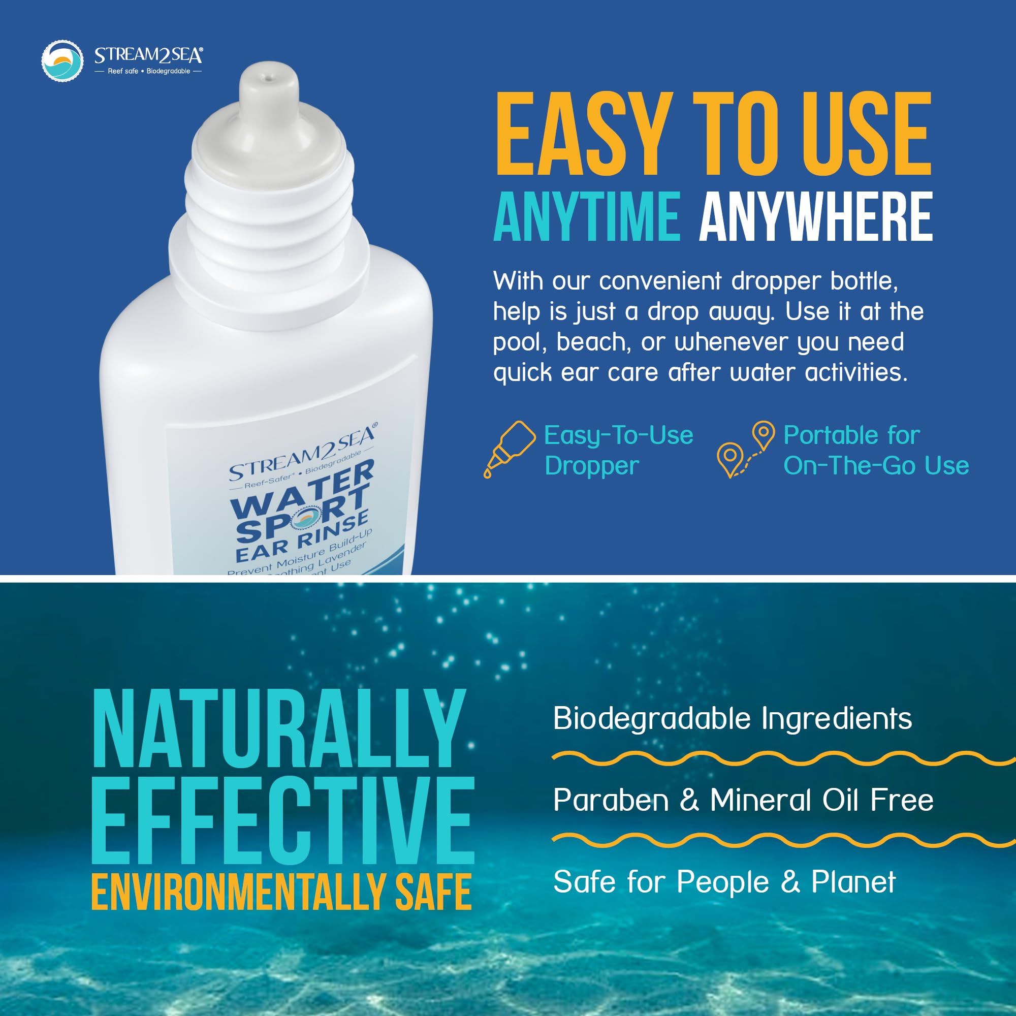Stream2Sea Water Sport Ear Rinse – Biodegradable Ear Drops for Swimmers | 2 Pack, 1 fl oz