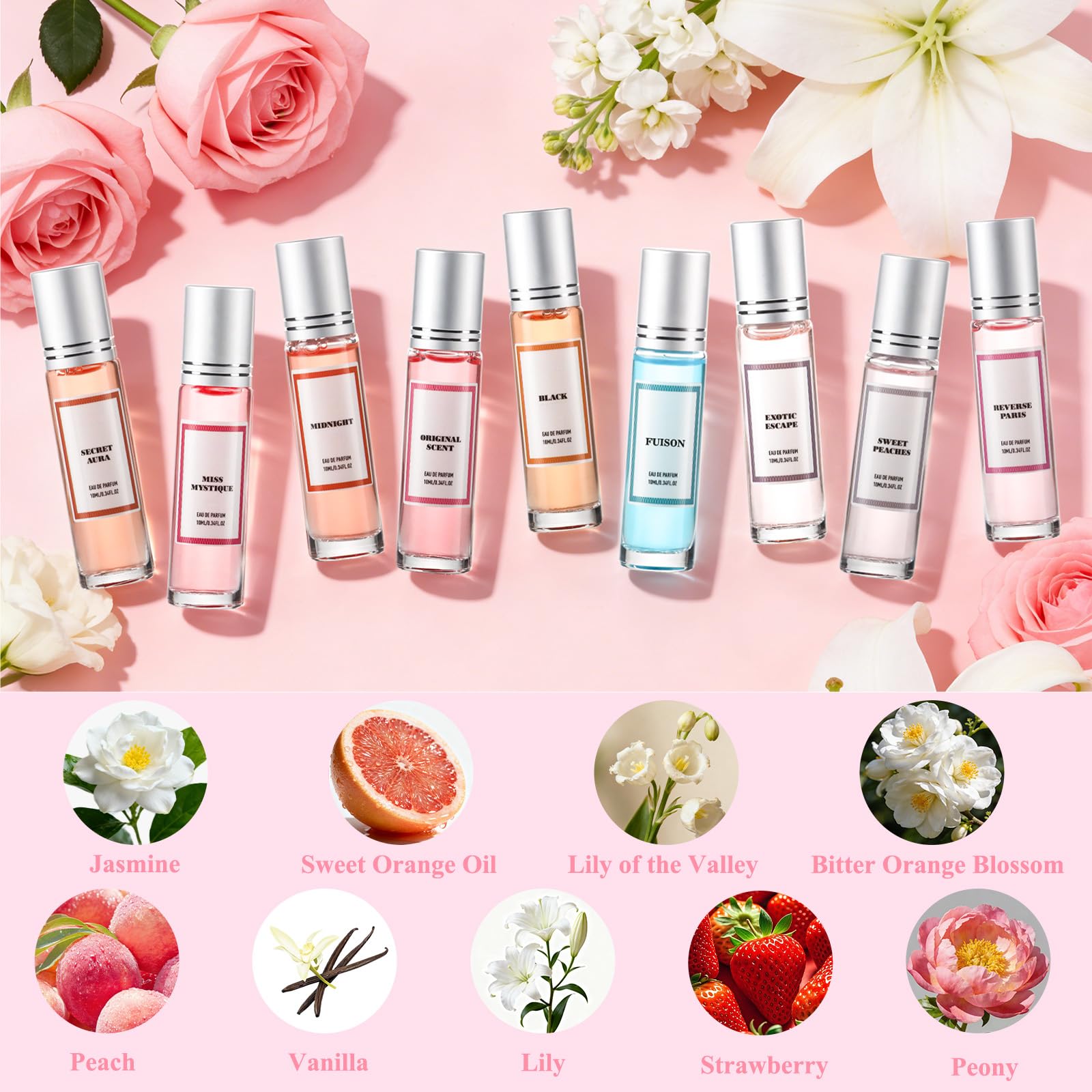 StSilkitty Galentines Day 9-Piece Roll-On Perfume Set – Travel-Size Scents