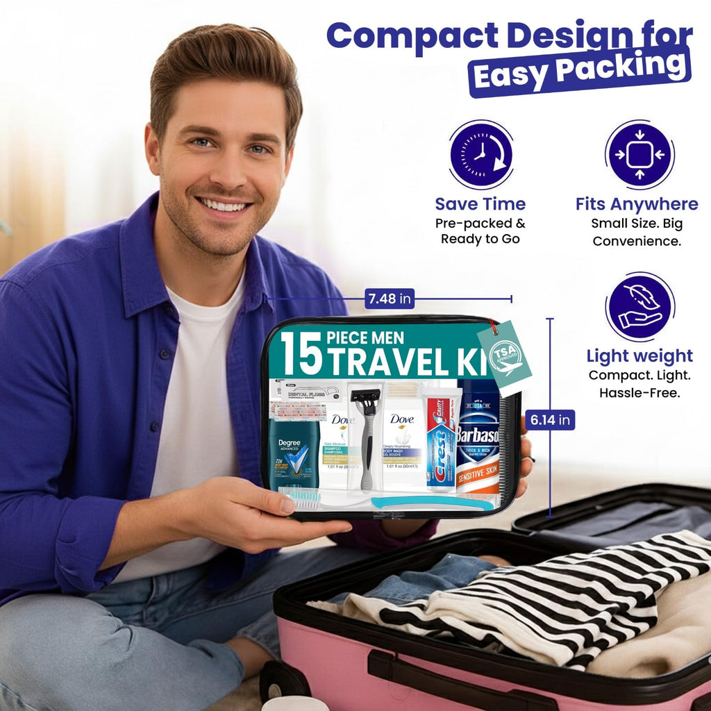 Trektote Travel Toiletry Kit for Men – 15-Piece TSA-Approved Set | Stuhrling Bottle