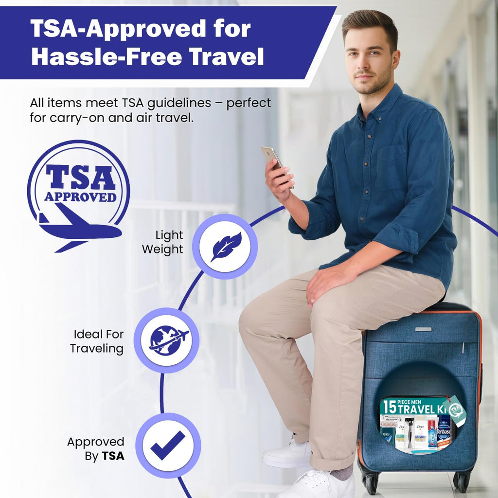 Trektote Travel Toiletry Kit for Men – 15-Piece TSA-Approved Set | Stuhrling Bottle