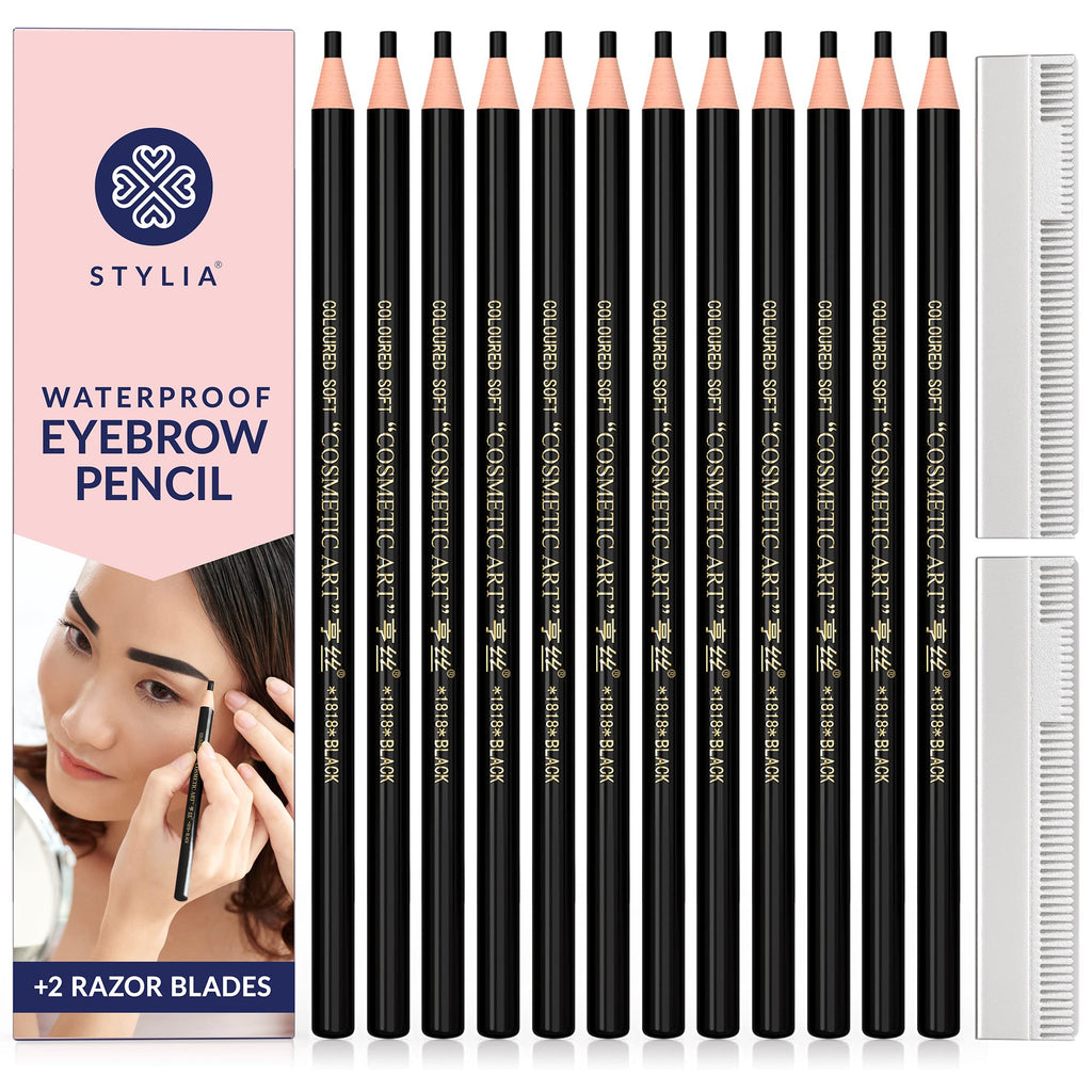 Stylia Waterproof Eyebrow Pencils for Women – Long-Lasting Microblading Brow Pencil Set (12PC Black)