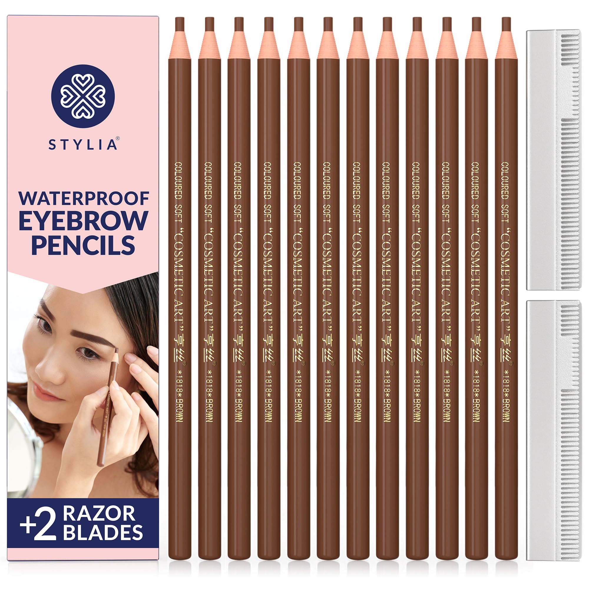 Stylia Waterproof Eyebrow Pencil for Women – Long-Lasting Microblading Brow Pencil, Natural Look (Light Brown, 12PC)