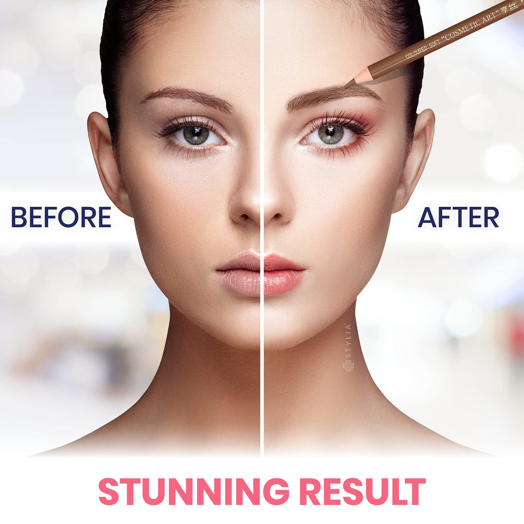 Stylia Waterproof Eyebrow Pencil for Women – Long-Lasting Microblading Brow Pencil, Natural Look (Light Brown, 12PC)