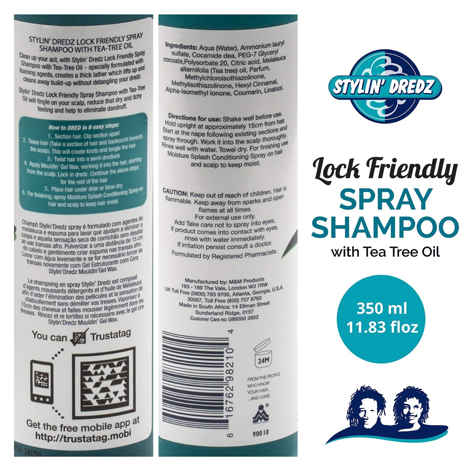 Stylin Dredz Spray Shampoo – Residue-Free Dreadlock Cleanse with Tea Tree Oil (2 x 350 ml)
