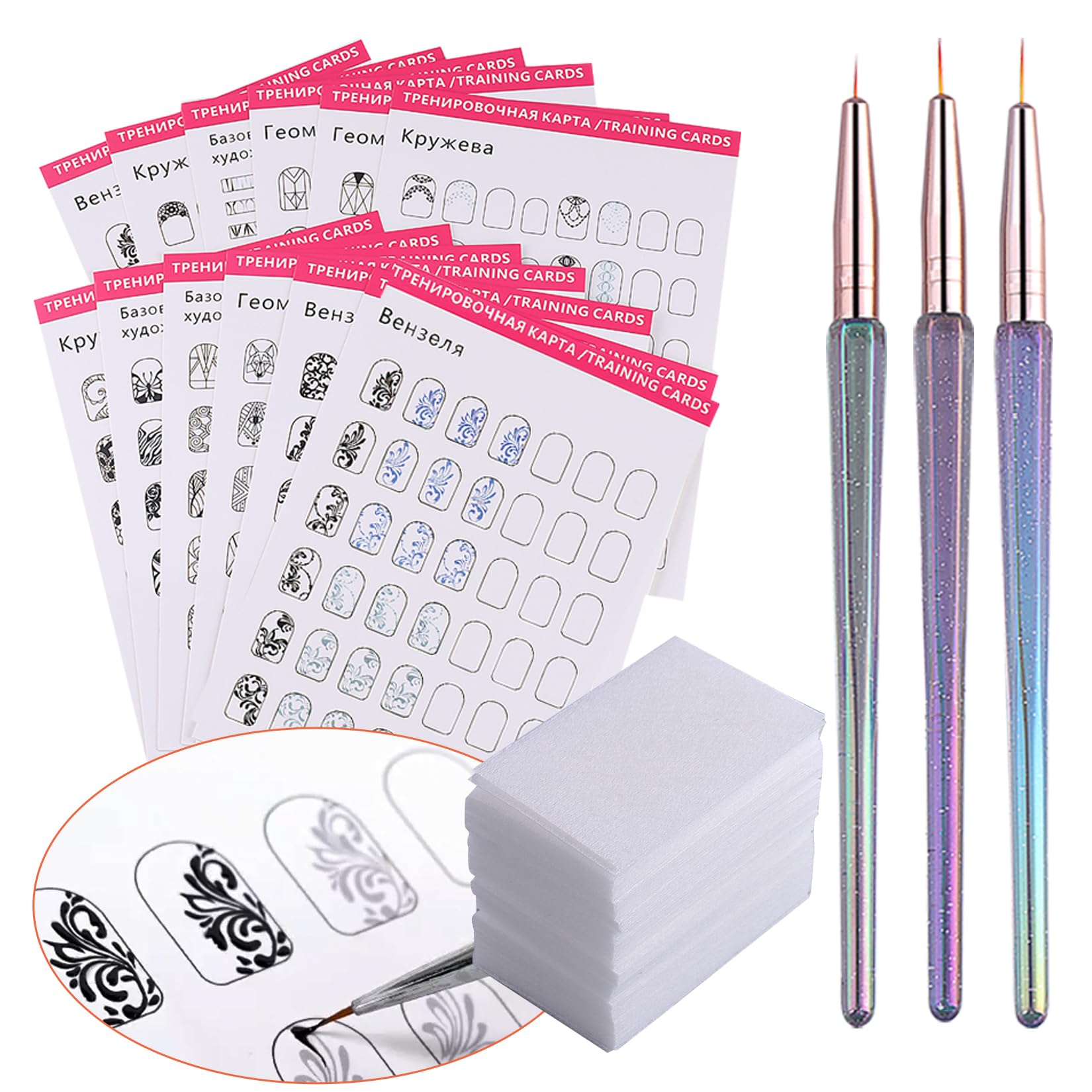 STZPRONAIL Practice Nail Art Book – 12 Pattern Books, Liner Brushes & Remover Wipes Kit