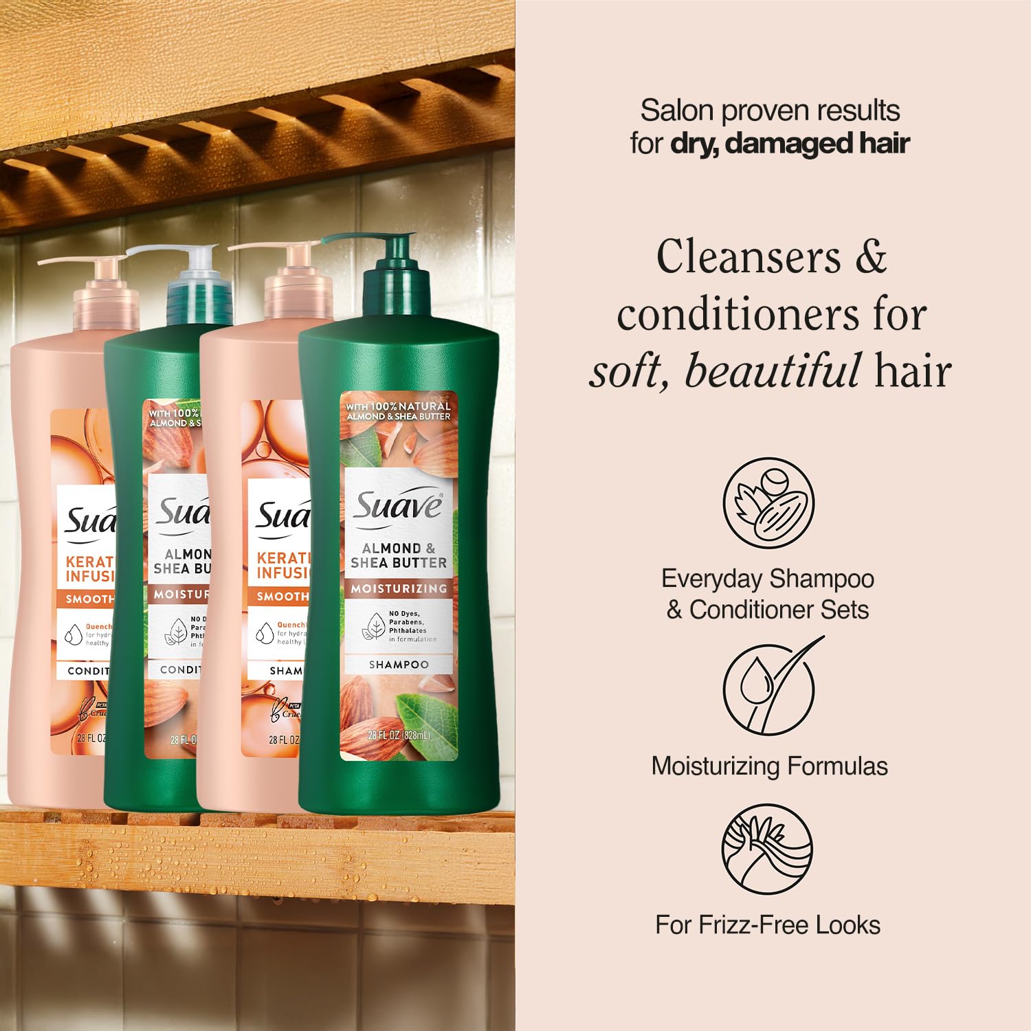 Suave Keratin Infusion + Almond & Shea Butter Shampoo & Conditioner Set – Frizz Control, 28 oz Each (4-Piece)