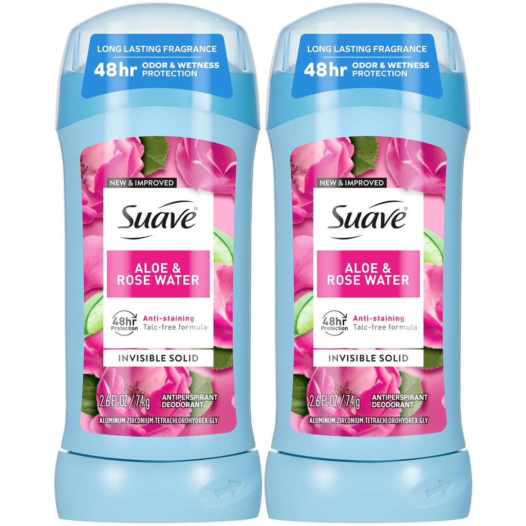 Suave Aloe & Rosewater Antiperspirant Deodorant for Women – 2-Pack, Invisible Solid