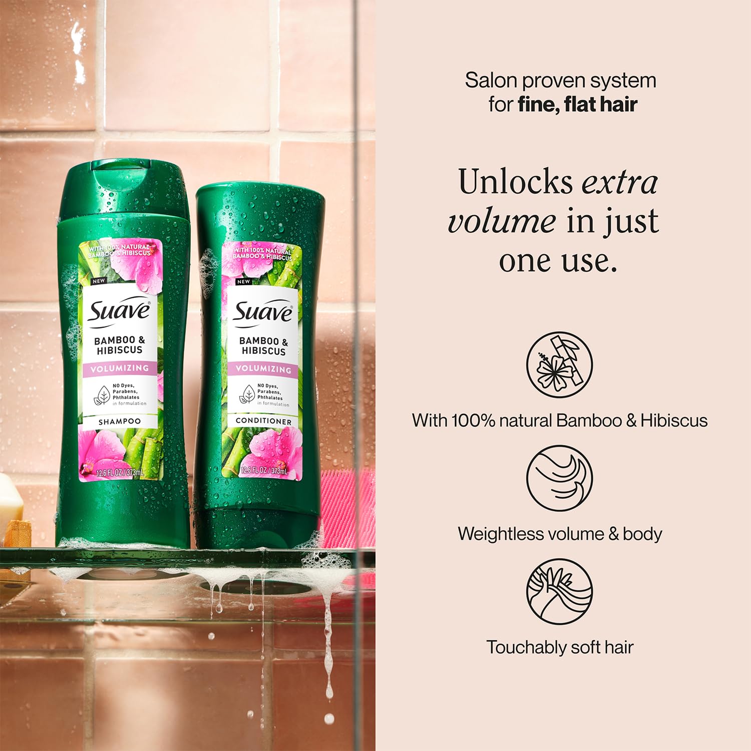 Suave Bamboo & Hibiscus Volumizing Shampoo & Conditioner Set – For Fine, Flat Hair, 12.6 Oz Each