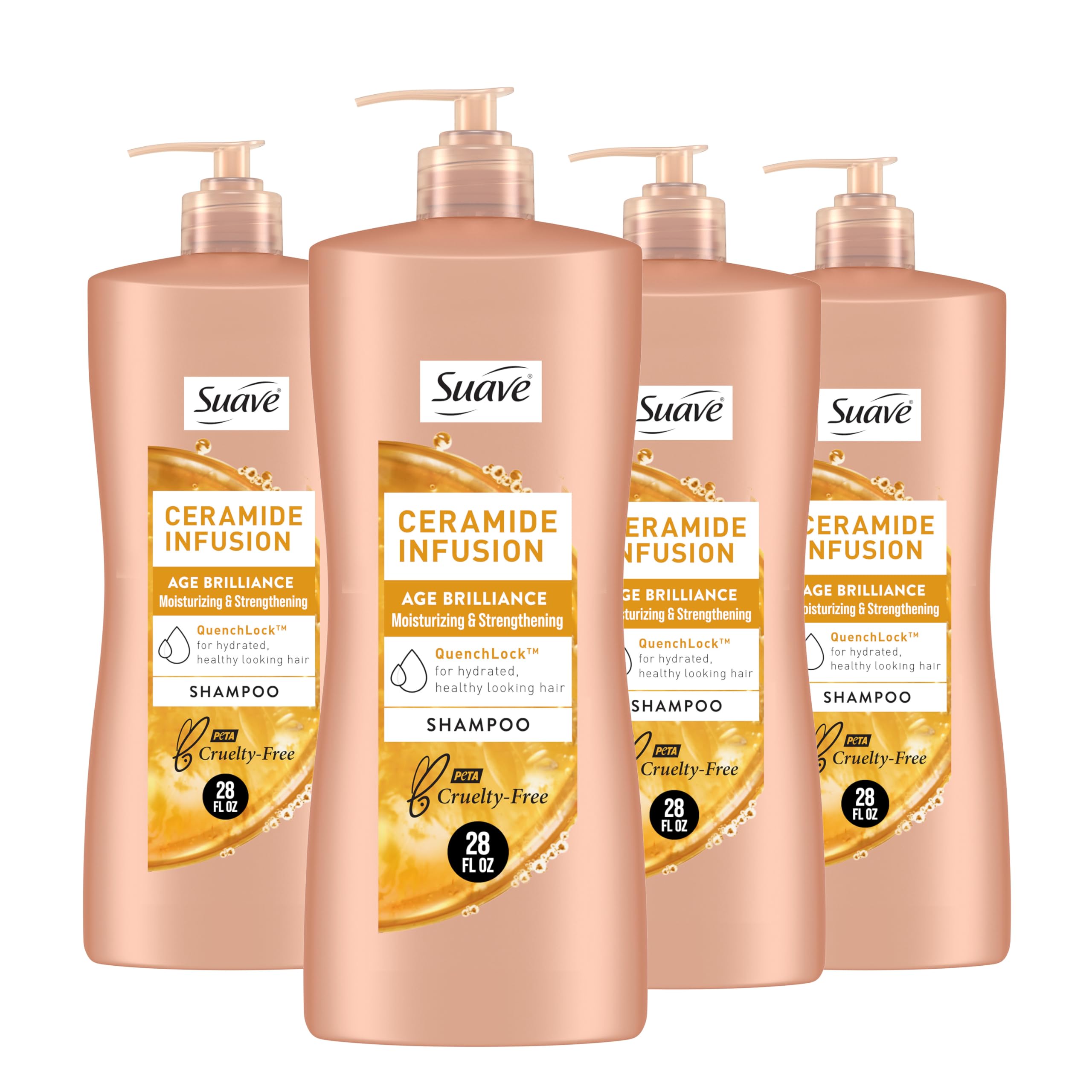 Suave Ceramide Age Brilliance Shampoo – Moisturizing & Strengthening pH-Balanced Anti-Frizz for Women, 28 Oz (Pack of 4)